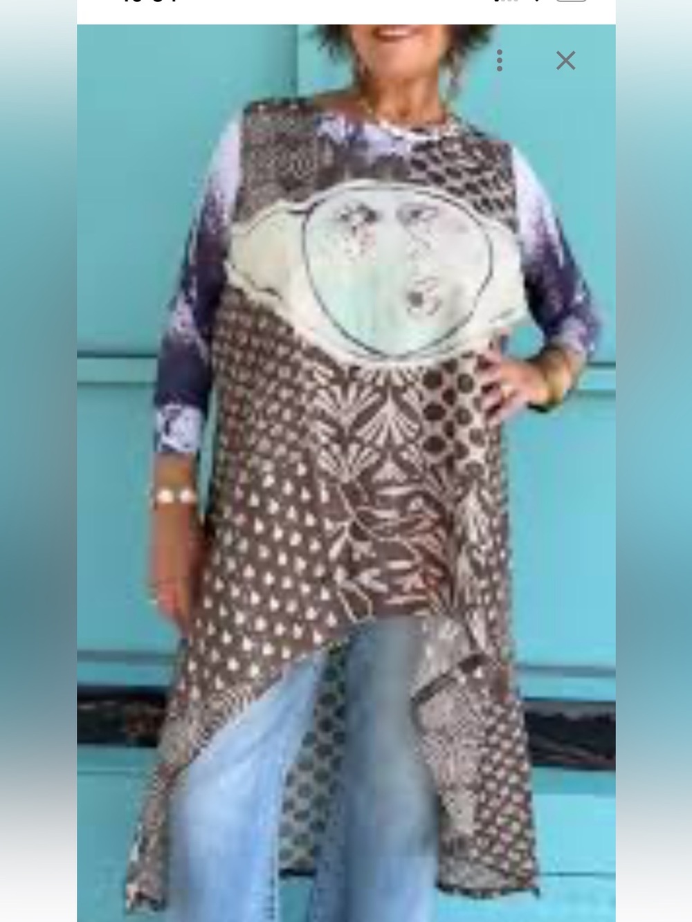 bohemian patchwork high-low tunic features a unique face graphic - Picture 6 of 6